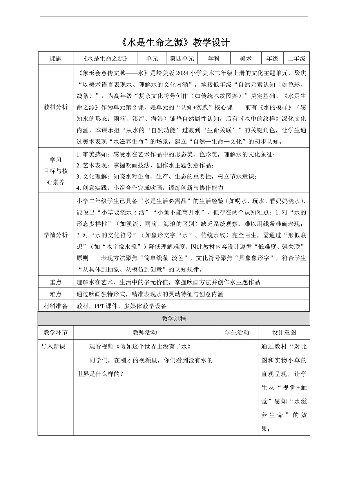 岭南版（2024）二上 第四单元第14课《水是生命之源》教案第1页