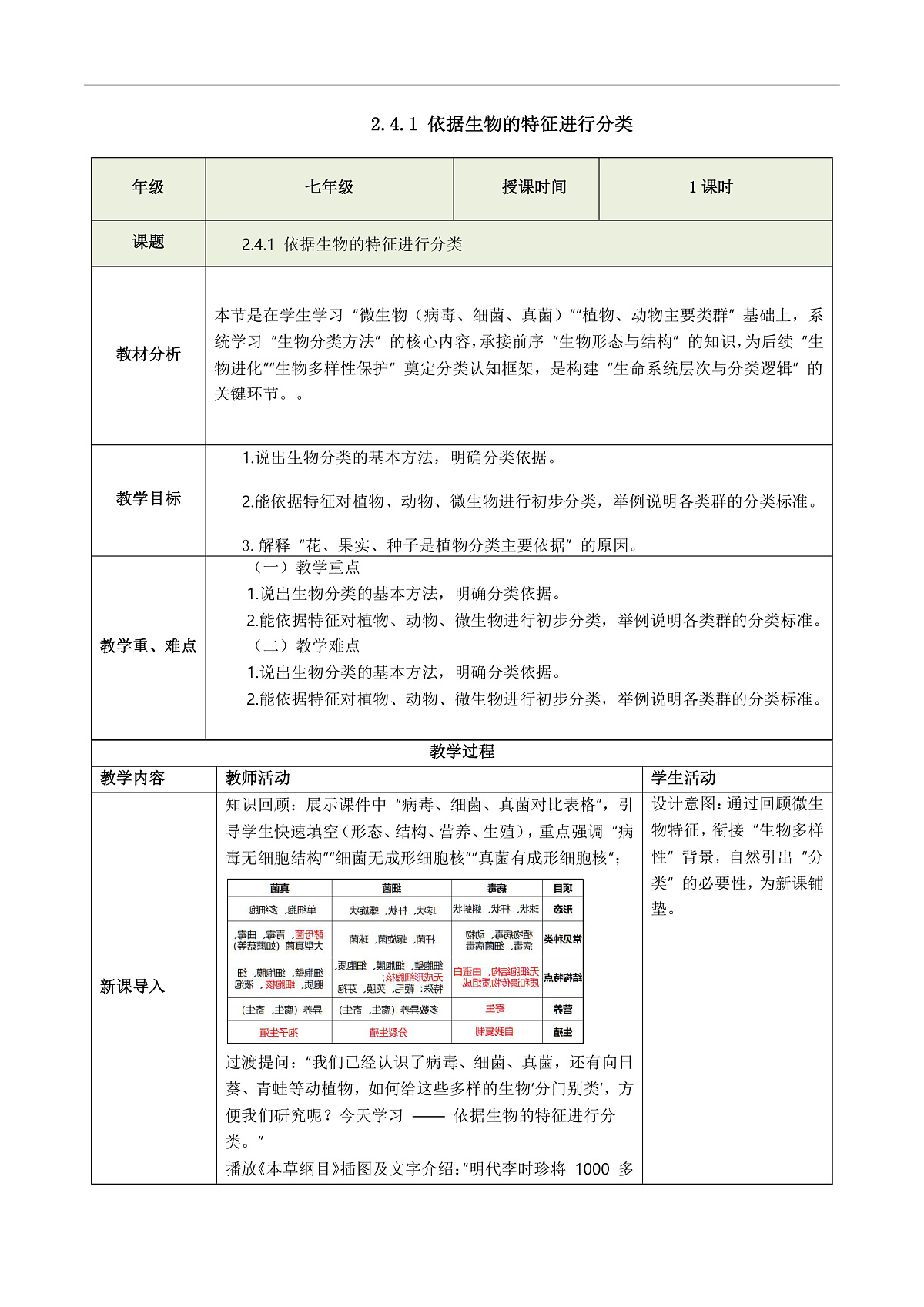 2.4.1 依据生物的特征进行分类（教学设计）第1页
