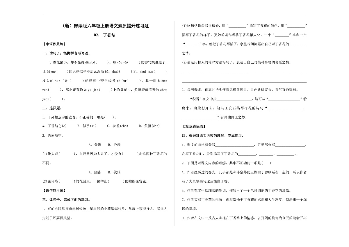 （新）部编版六年级语文上册第 02 课《丁香结》素质提升练习题（含答案）A3第1页