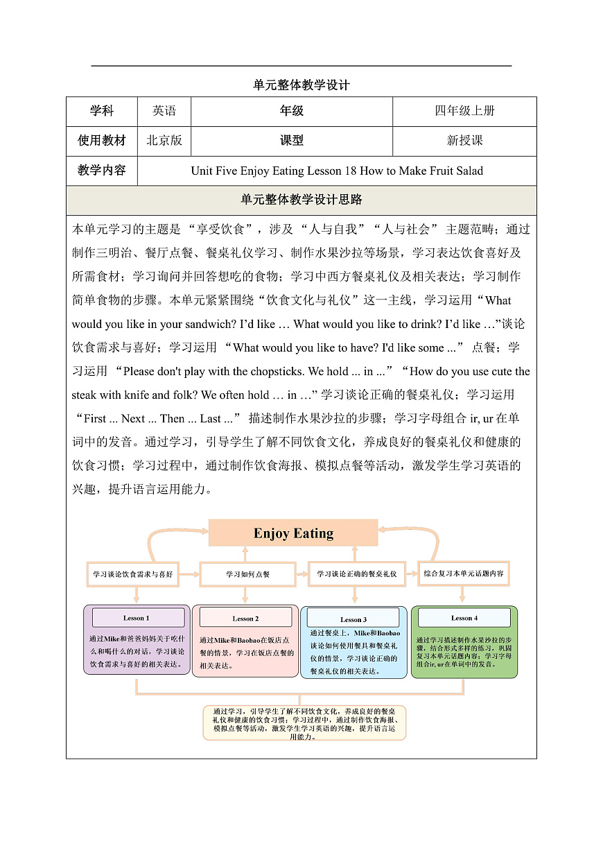 北京版四上 Unit Five Lesson 18单元教学设计第1页