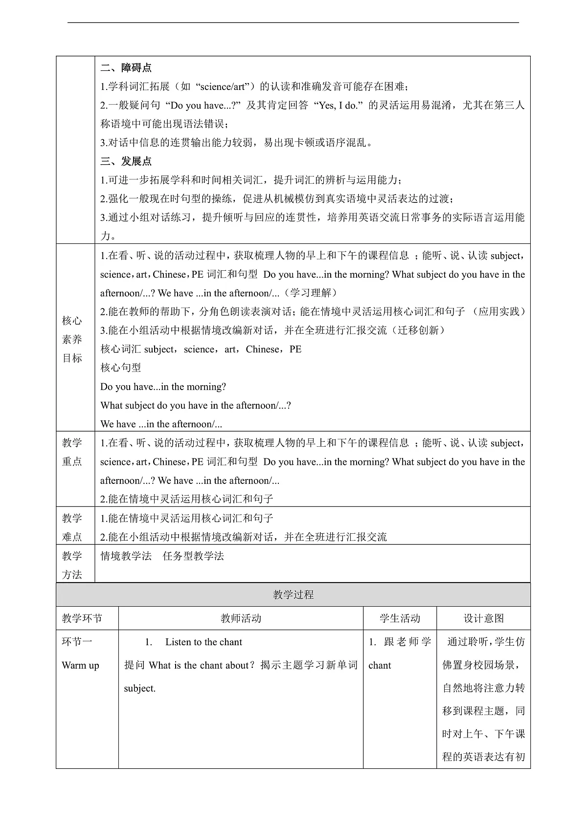 Unit 5 We have Chinese in the morning Lesson 1 Part A Let's talk 教学设计第2页