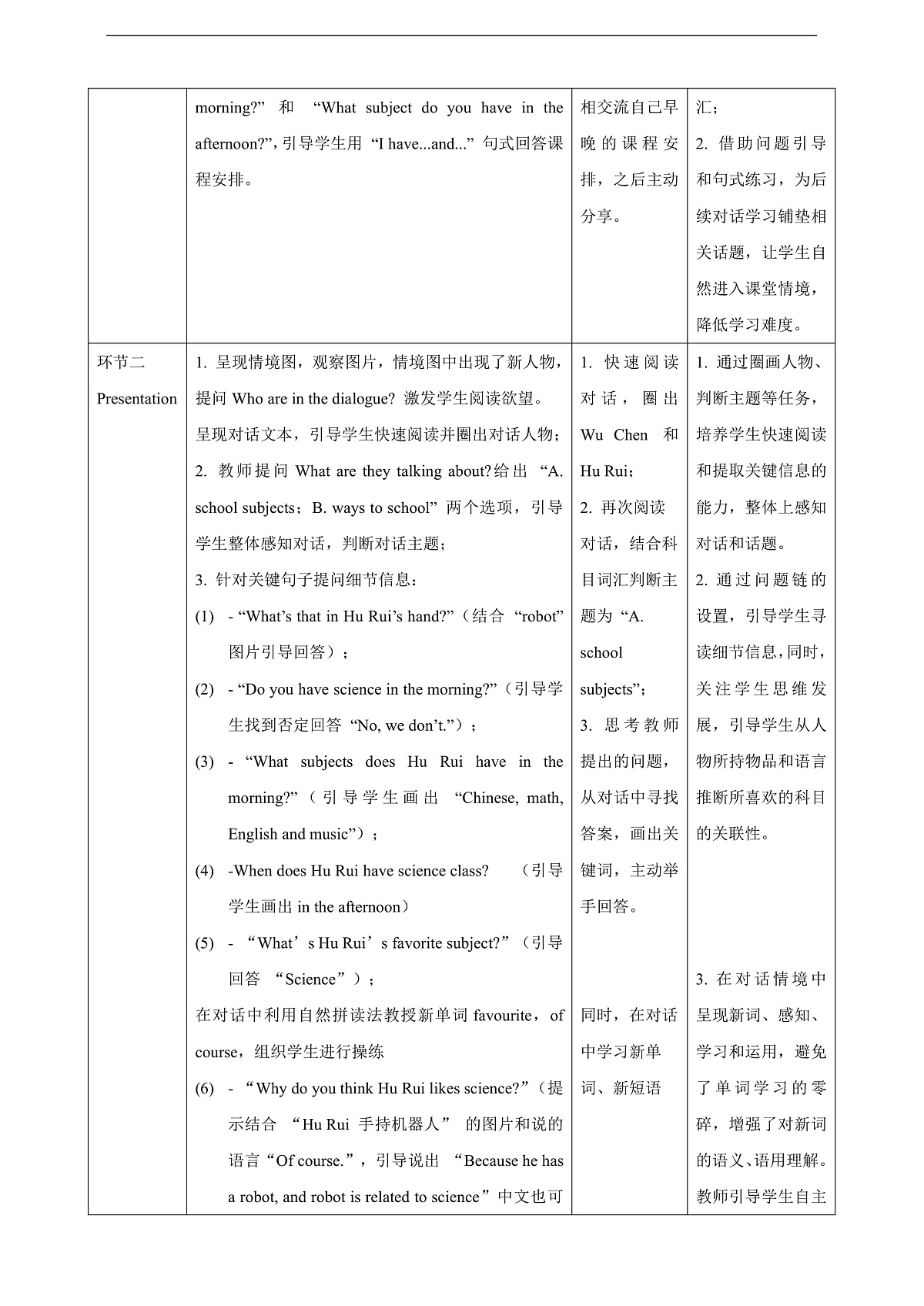 Unit 5 We have Chinese in the morning Lesson 3 Part B Let's read 教学设计第3页