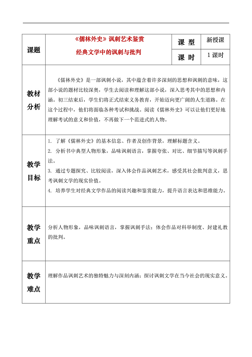 《儒林外史（讽刺作品阅读）》教学设计第1页