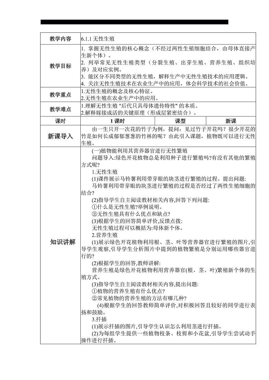 八下生物（人教版2024）6.1.1《无性生殖》 教案第1页