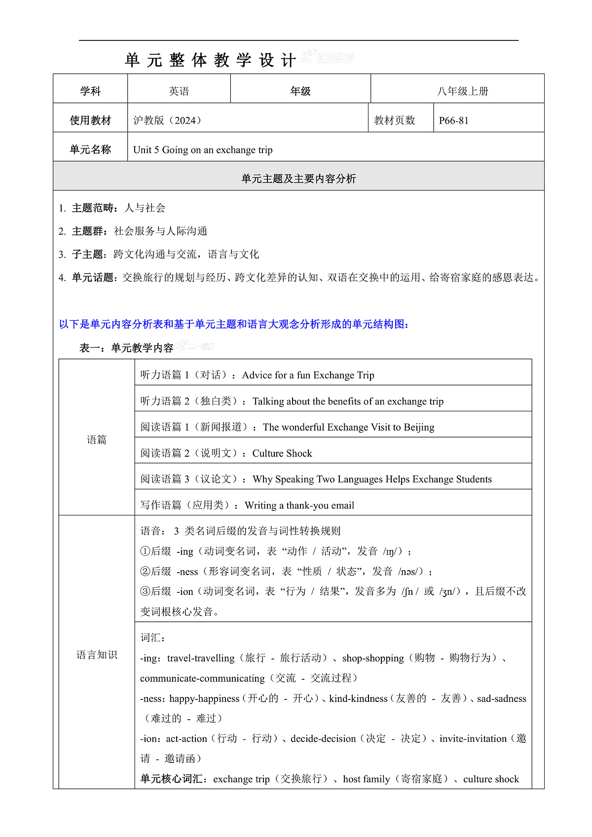 Unit 5 Going on an exchange trip 大单元整体教学分析第1页