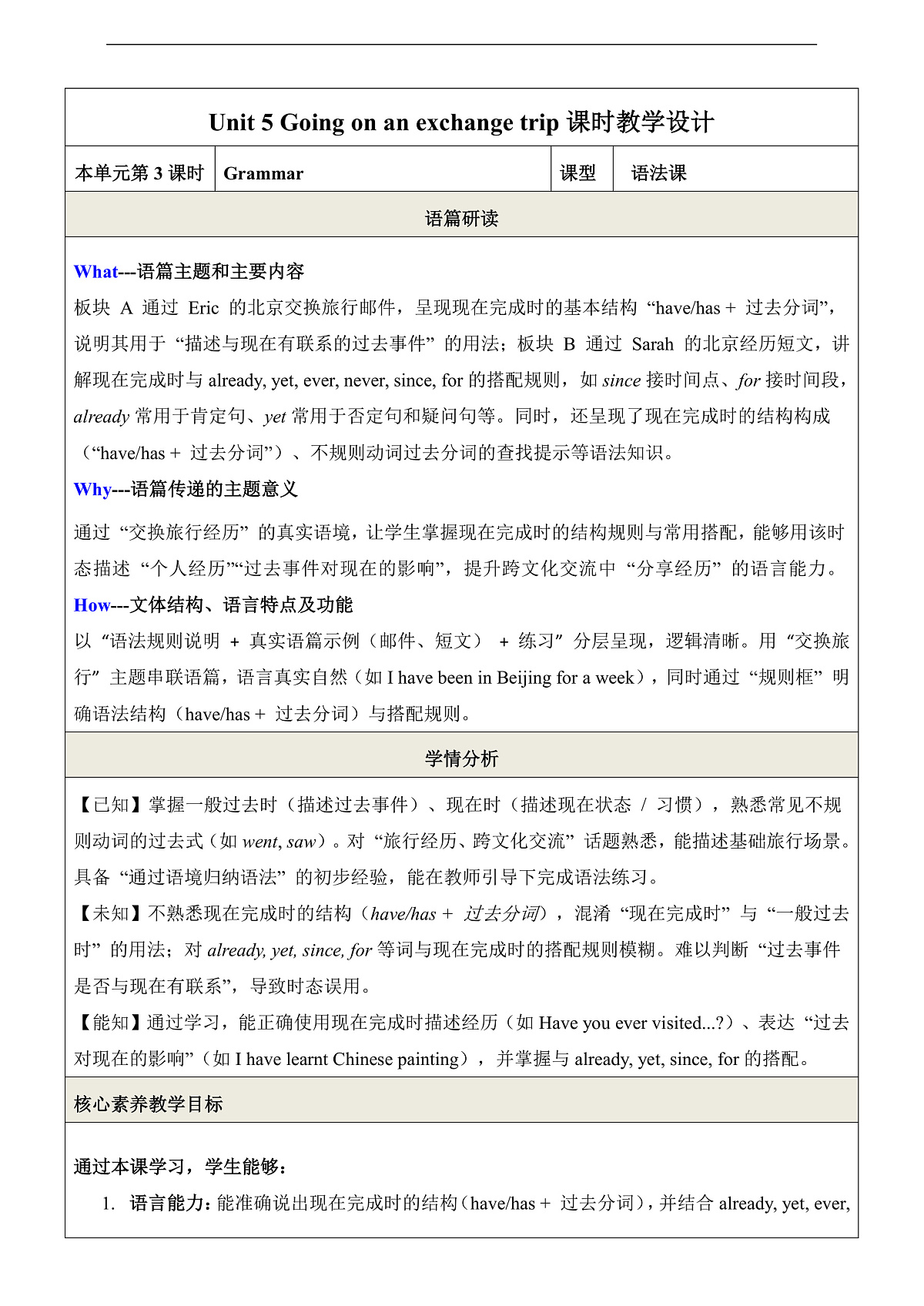 Unit 5 Going on an exchange trip 第3课时 Grammar优质教学设计第1页