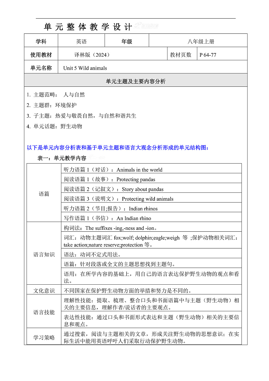 【教学评一体化】Unit 5 Wild animals大单元整体教学分析-新译林八上第1页