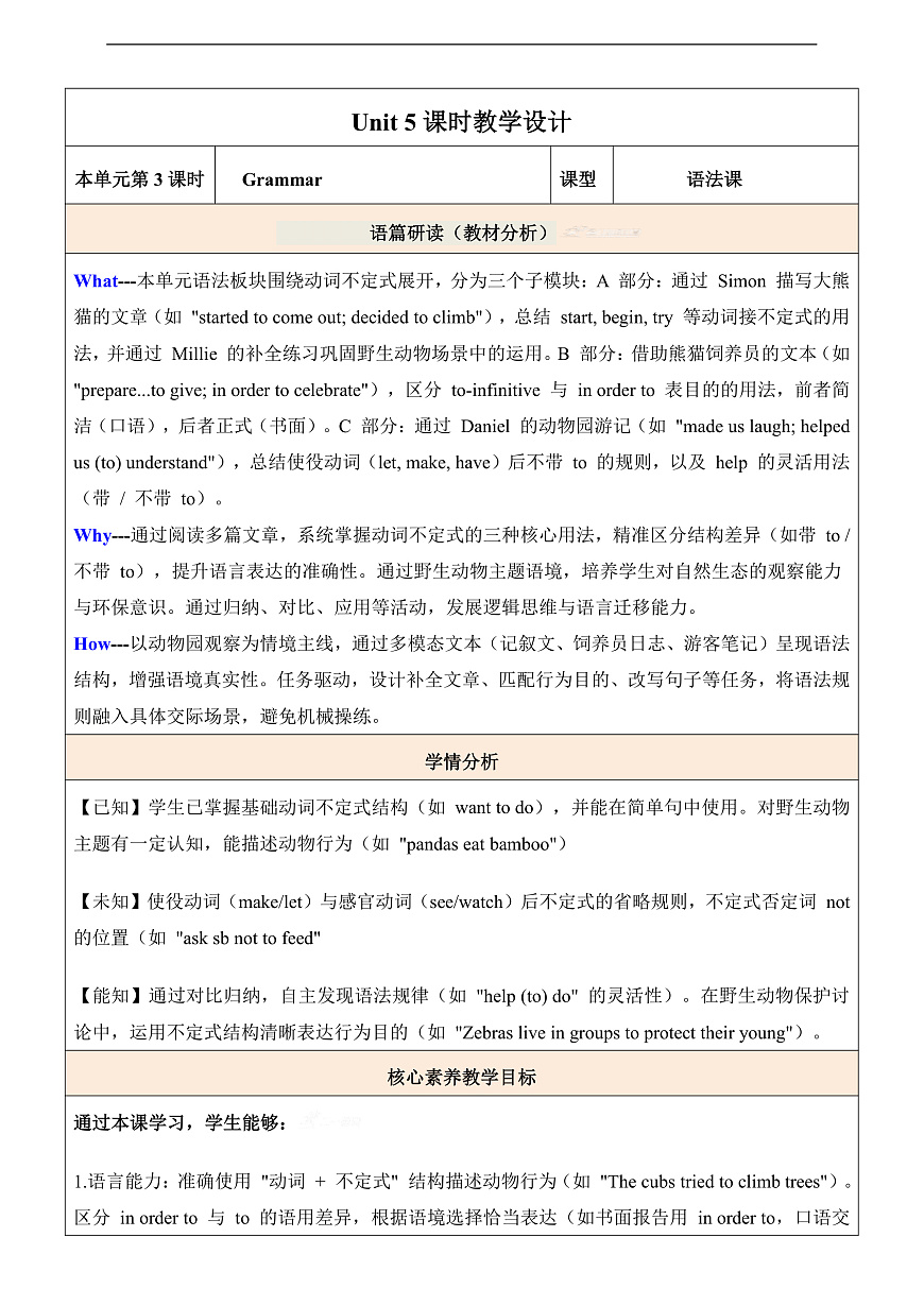 【教学评一体化】Unit 5 Wild animals第3课时Grammar 教学设计-新译林八上第1页