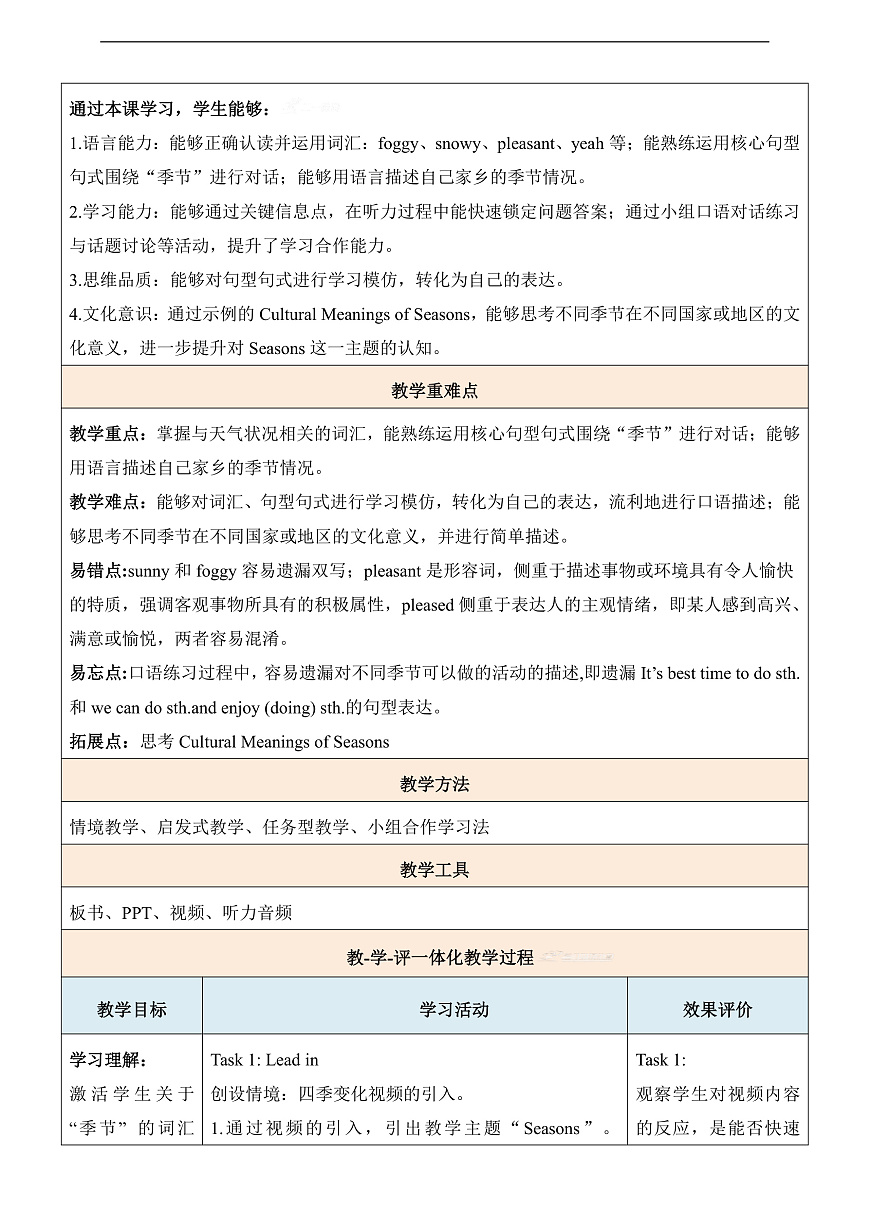 【教学评一体化】Unit 6 Season第1课时Welcome to the unit 教学设计第3页