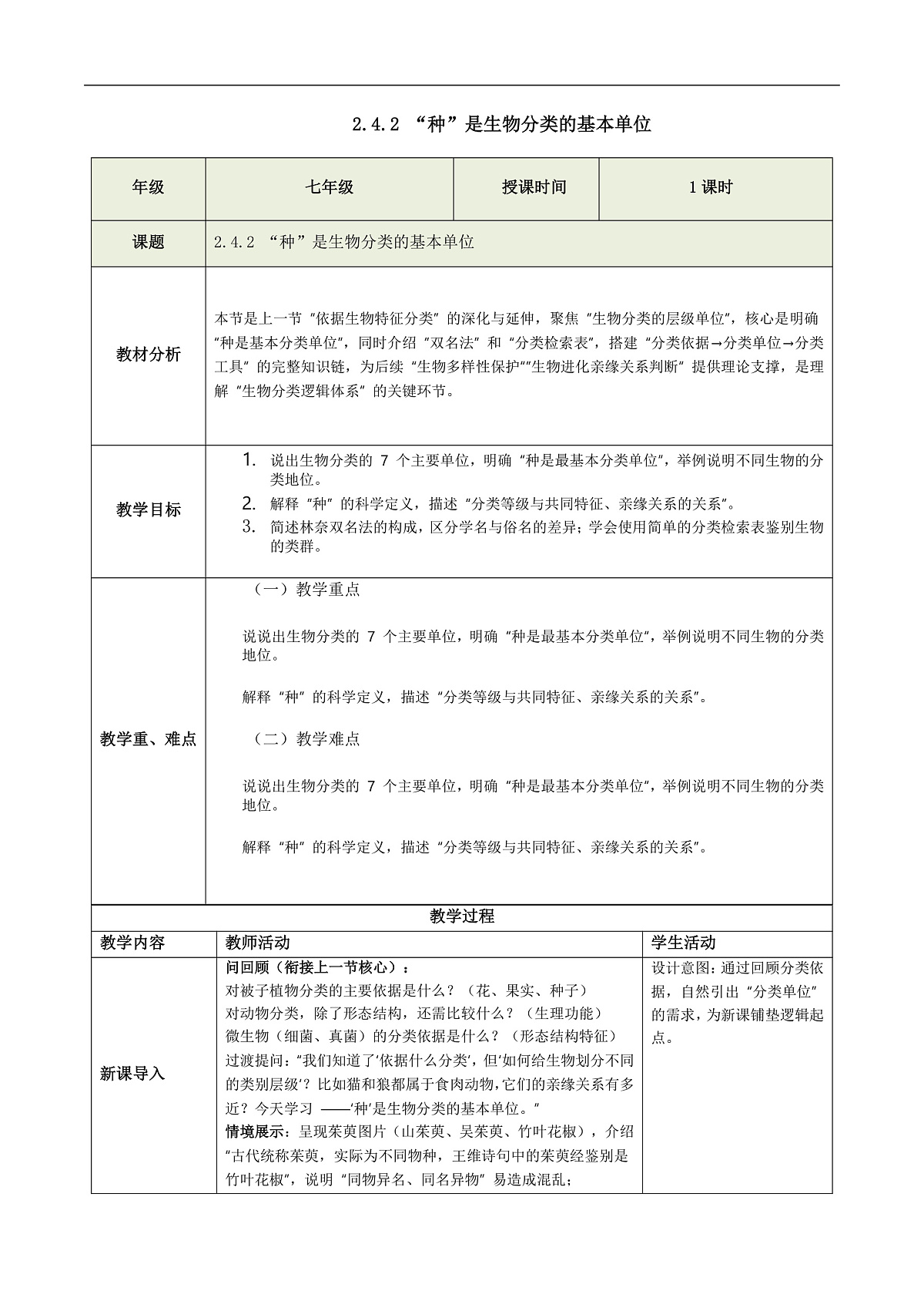2.4.2 “种”是生物分类的基本单位（教学设计）第1页