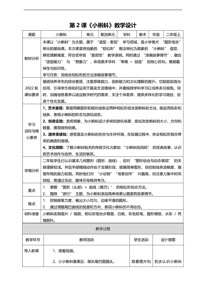 湘美版二上  第四单元 第2课《小蝌蚪》核心素养教学设计第1页