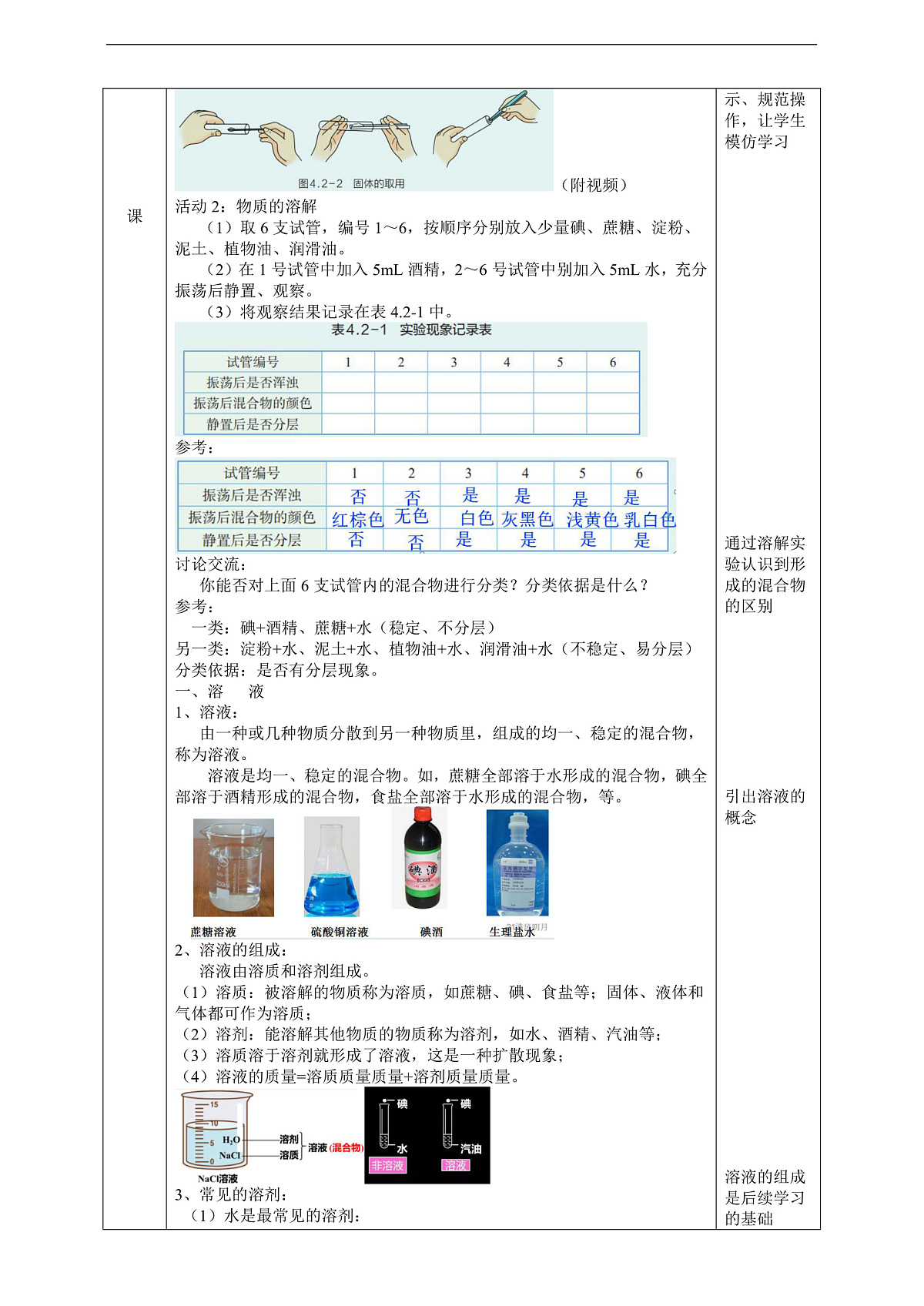 浙教版八上科学 4.2 生活中的水溶液（1） 教学设计（表格式）第2页