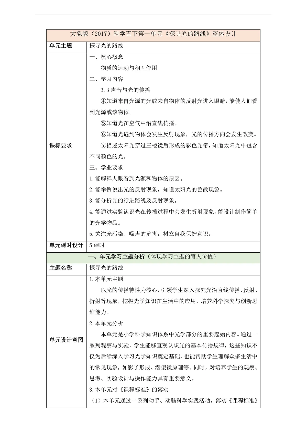 大象版（2017）科学五下第一单元《探寻光的路线》整体设计第1页