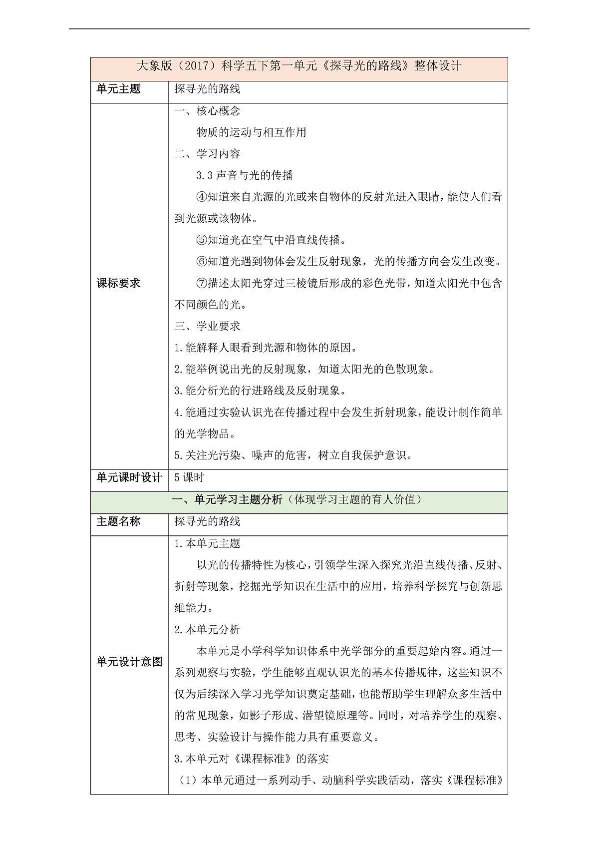 大象版（2017）科学五下第一单元《探寻光的路线》整体设计第1页