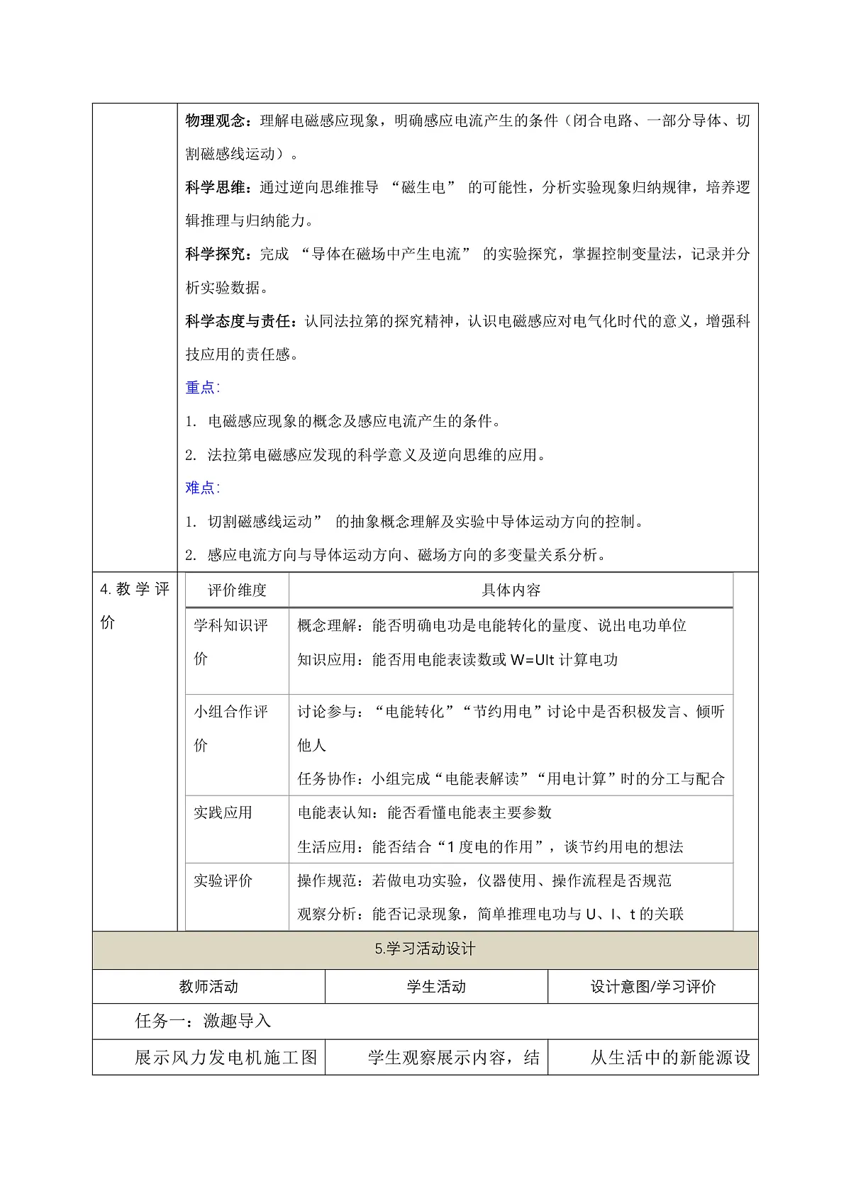 【大单元·任务式】《8.1.1 电磁感应现象（第一课时）》课时教学设计（表格式）--教科2024版9年级第2页