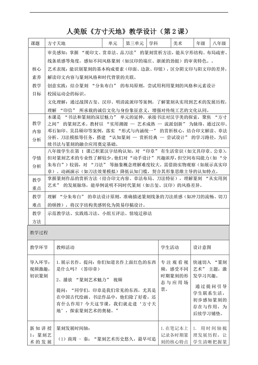《方寸天地》核心素养教学设计 人美版（2024）八年级上册美术第1页