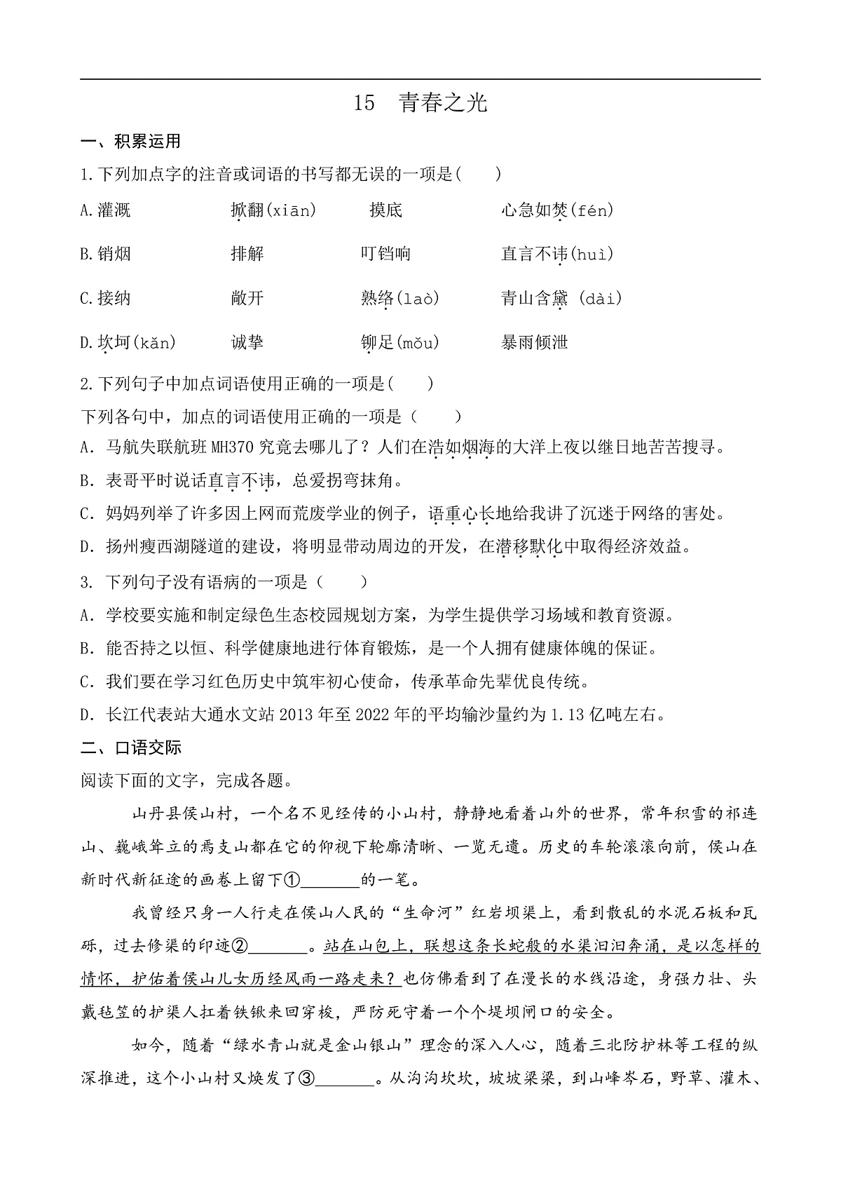 15 青春之光（课课练）第1页