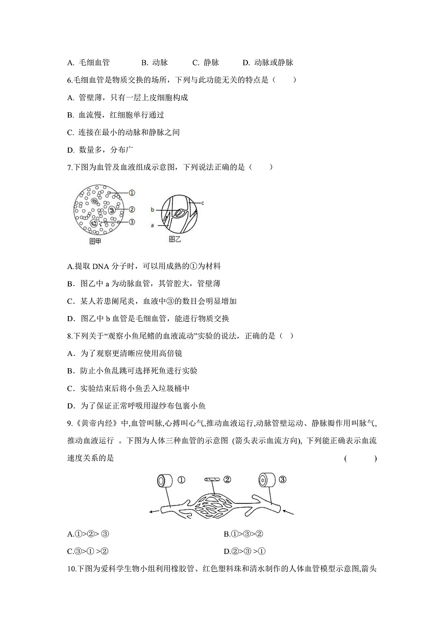 人教版（新课标）生物七下 4.4.2《血流的管道——血管》分层练习第2页