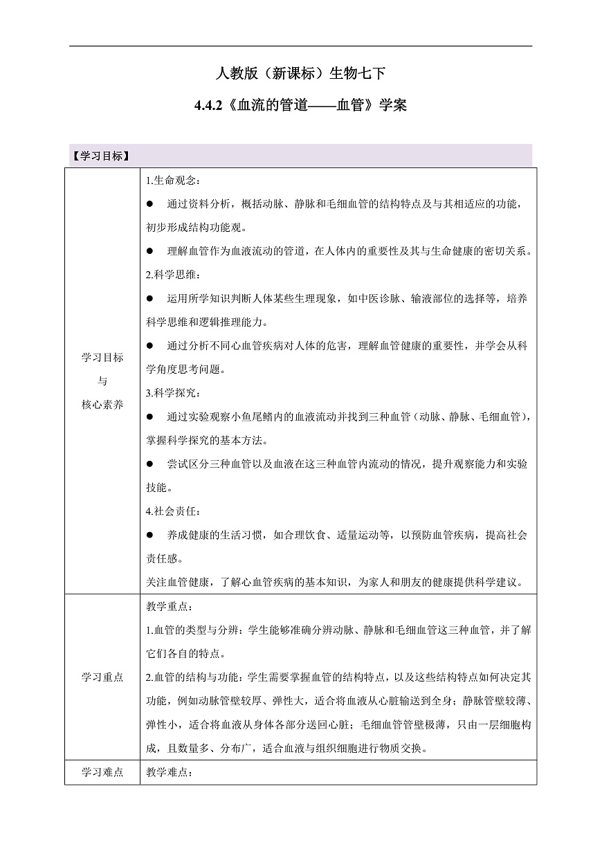 人教版（新课标）生物七下 4.4.2《血流的管道——血管》学案第1页