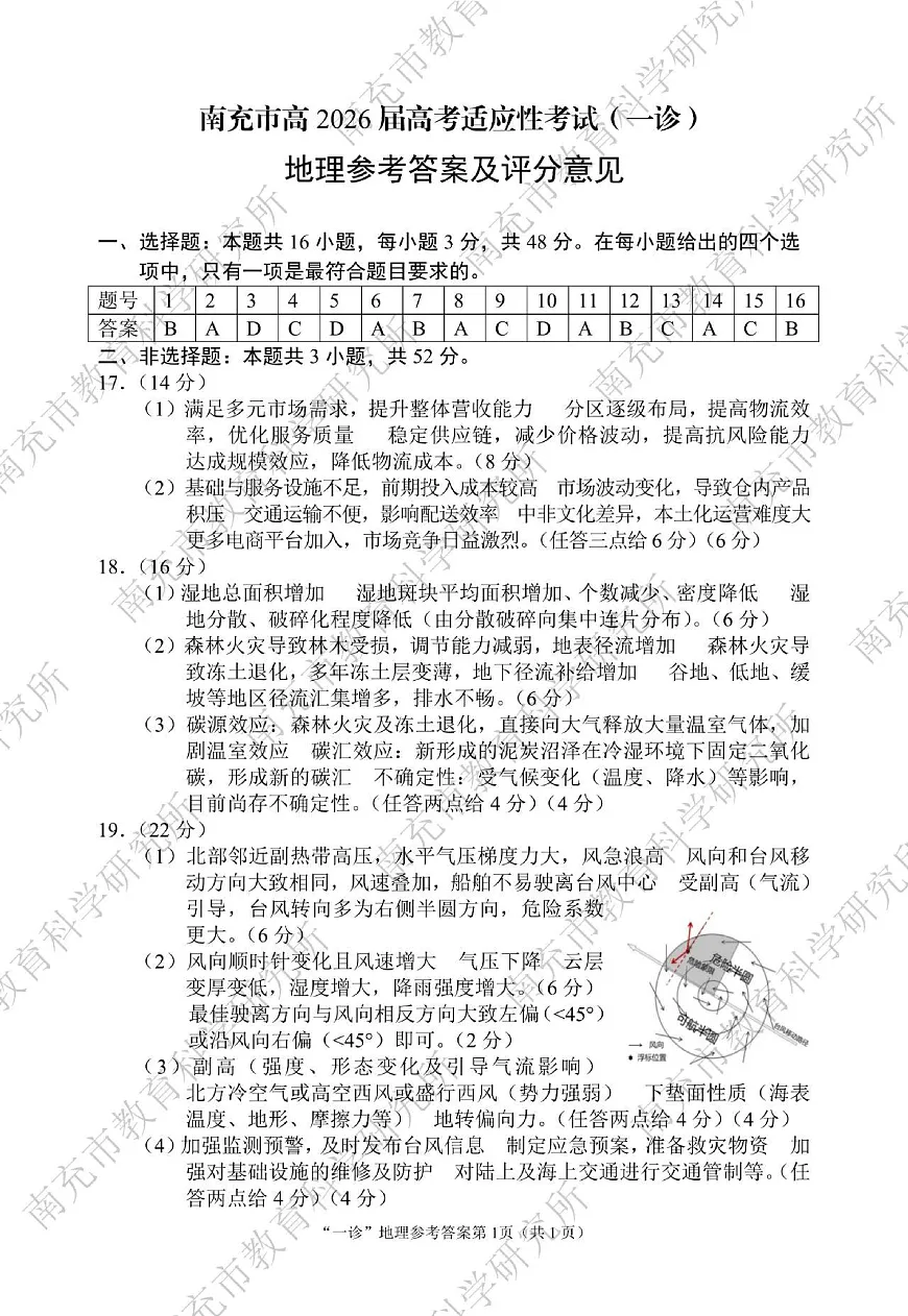 南充市高2026届高考适应性考试（一诊）地理标答第1页