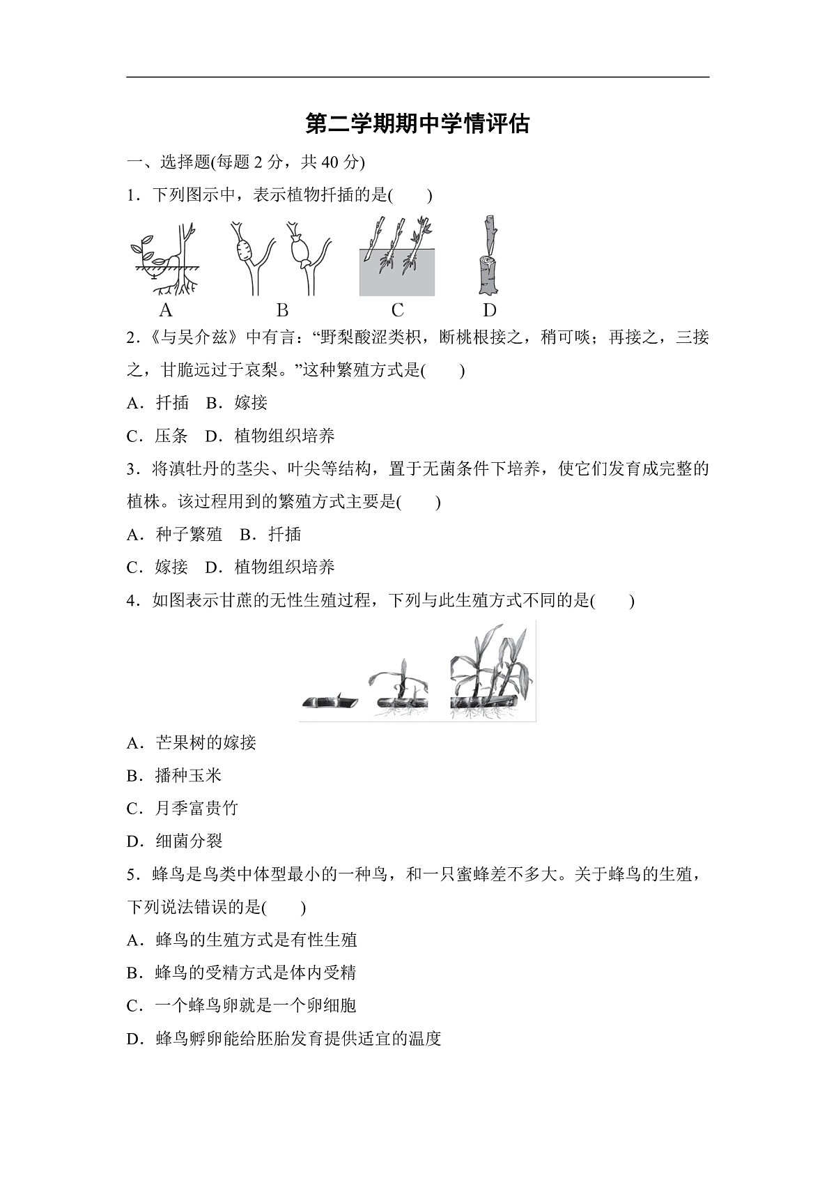 2026年春人教版八年级生物下册 期中学情评估卷(含答案)第1页