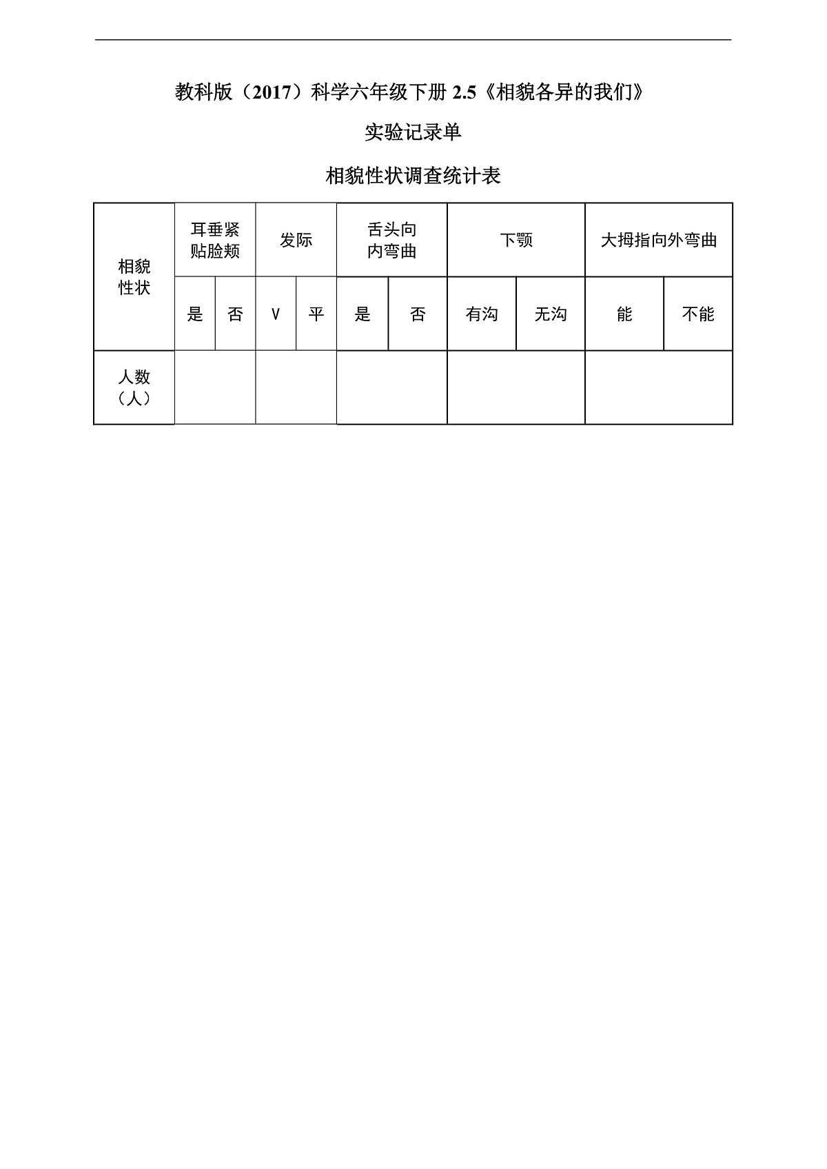 教科版（2017）科学六下2.5《相貌各异的我们》实验记录单第1页