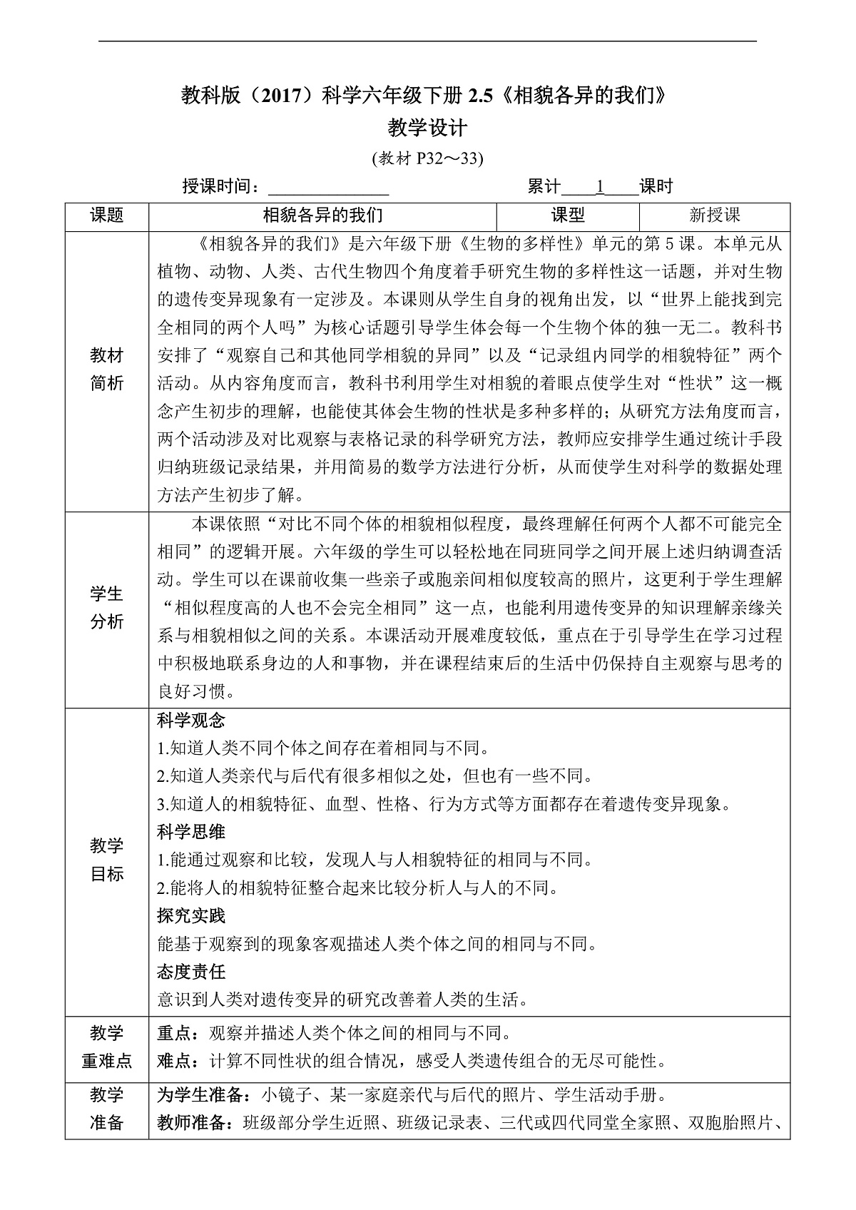 教科版（2017）科学六下2.5《相貌各异的我们》教案第1页