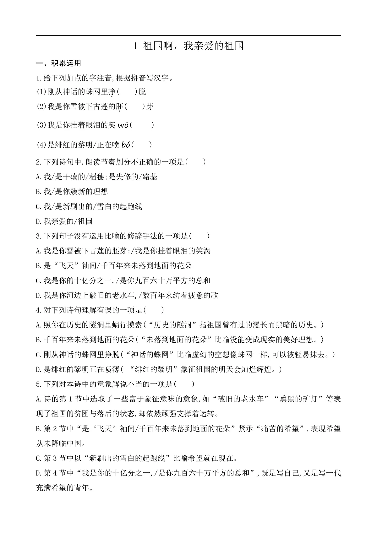 1 祖国啊，我亲爱的祖国（课课练）第1页