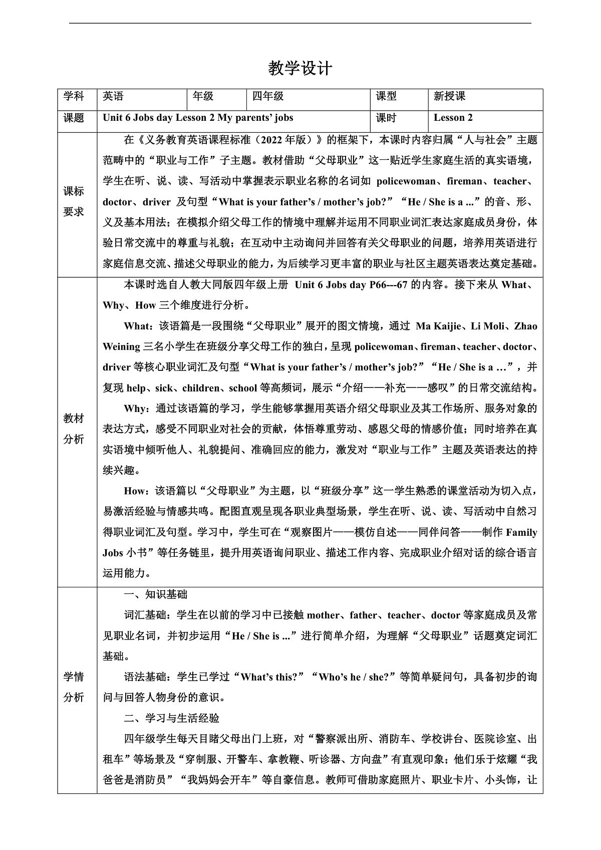 Unit 6 Jobs day Lesson 2 教案-人教大同版4上第1页