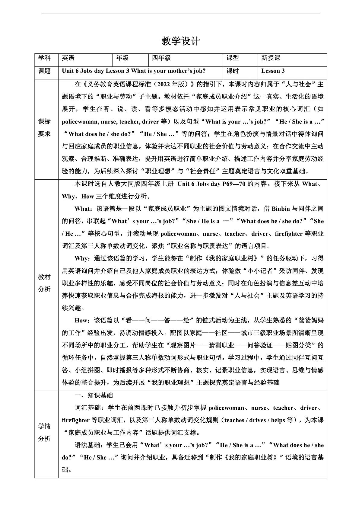 人教大同版 4A Unit 6 Jobs day Lesson 3 教案第1页
