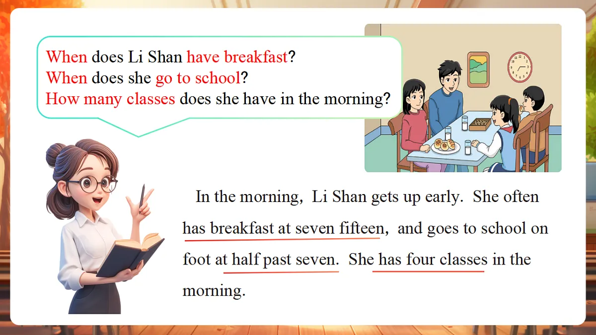 Unit 8 Early to Bed and Early to Rise Lesson 3 Part B Let's read课件第7页