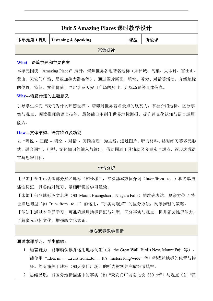 Unit 5 Amazing Places 第1课时Listening & Speaking 教学设计第1页