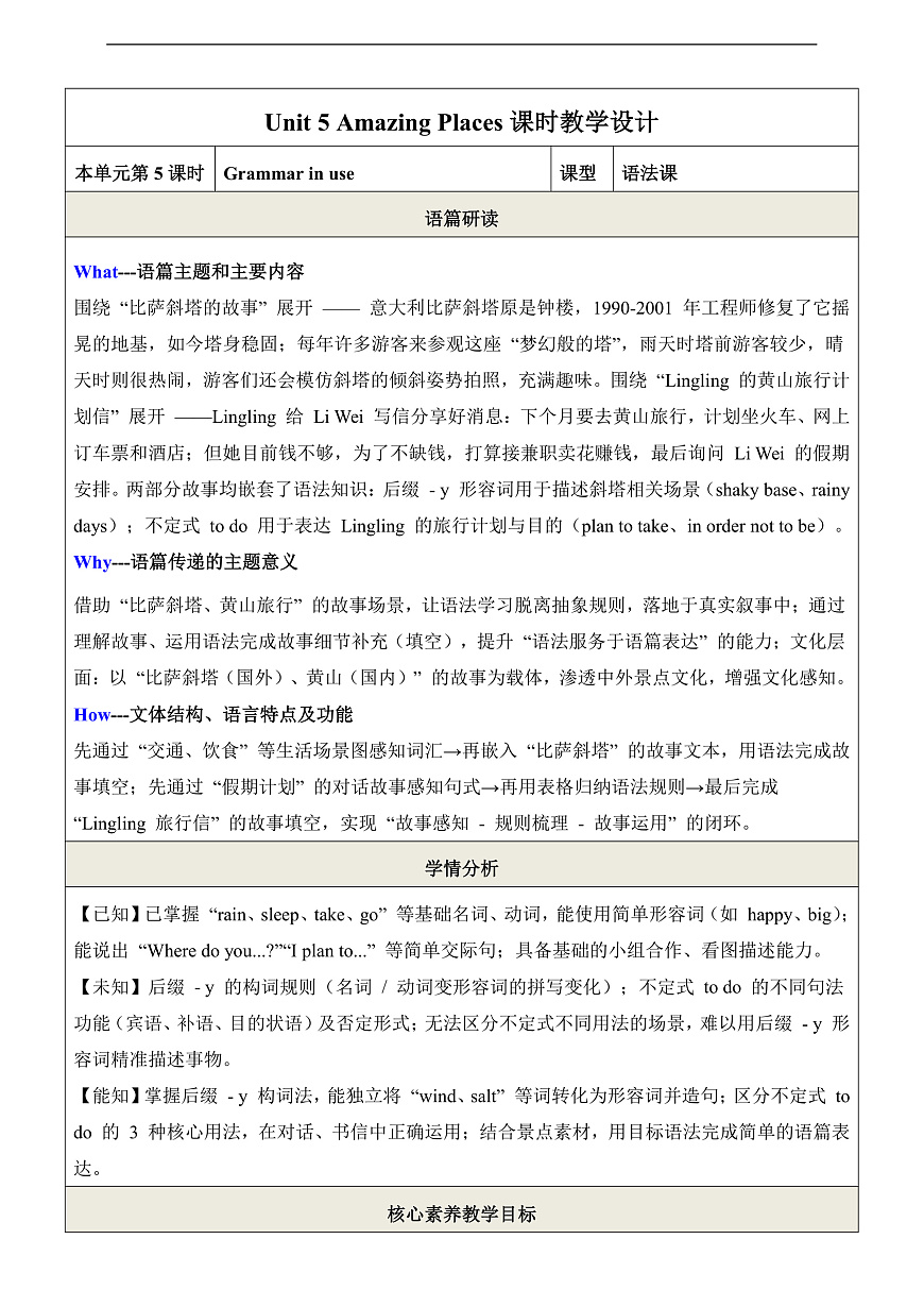 Unit 5 Amazing Places 第5课时Grammar in use 教学设计第1页