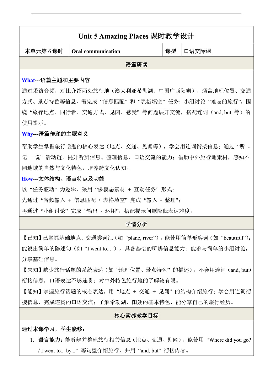 Unit 5 Amazing Places 第6课时Oral communication 教学设计第1页