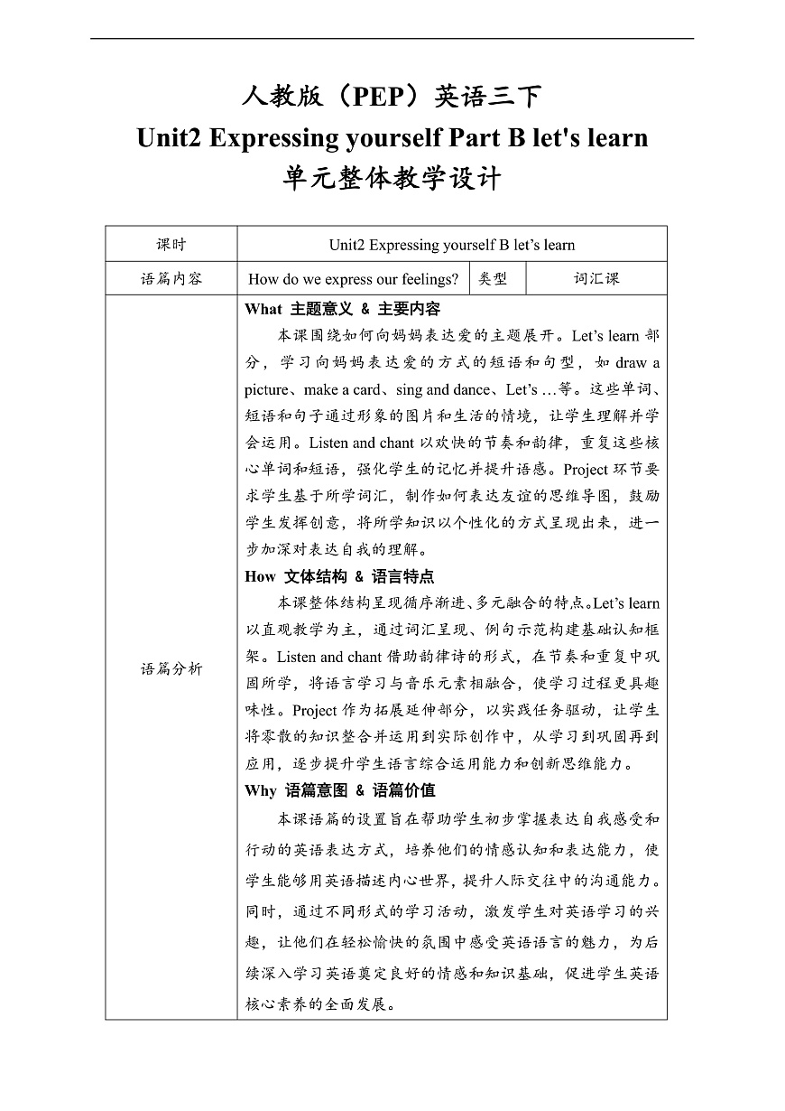 人教版（PEP）英语三下Unit2 Expressing yourself Part B let's learn 课件+单元整体教学设计+素材 ...