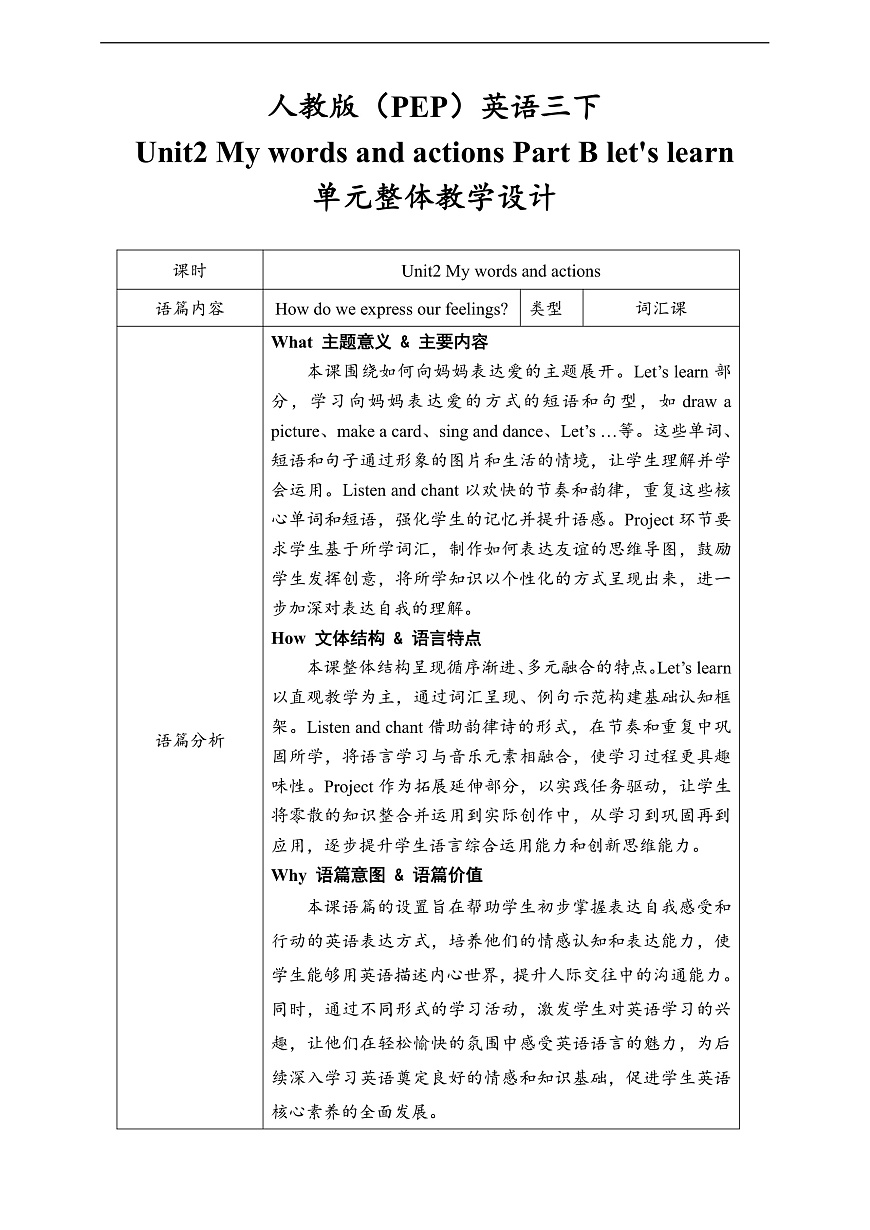 人教版（PEP）英语三下Unit2 My words and actions Part B let's learn 单元整体教学设计第1页