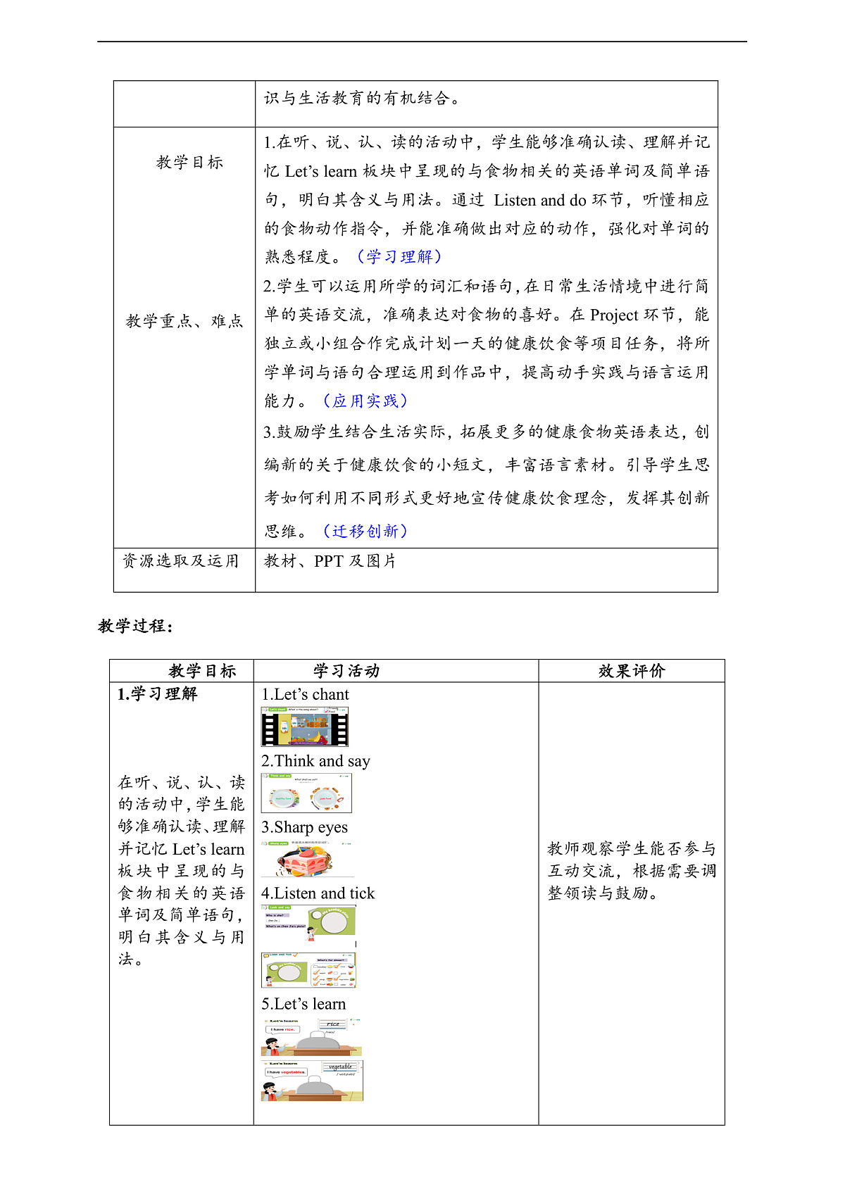人教版（PEP）英语三下Unit4 Healthy food Part B let's learn 单元整体教学设计第2页