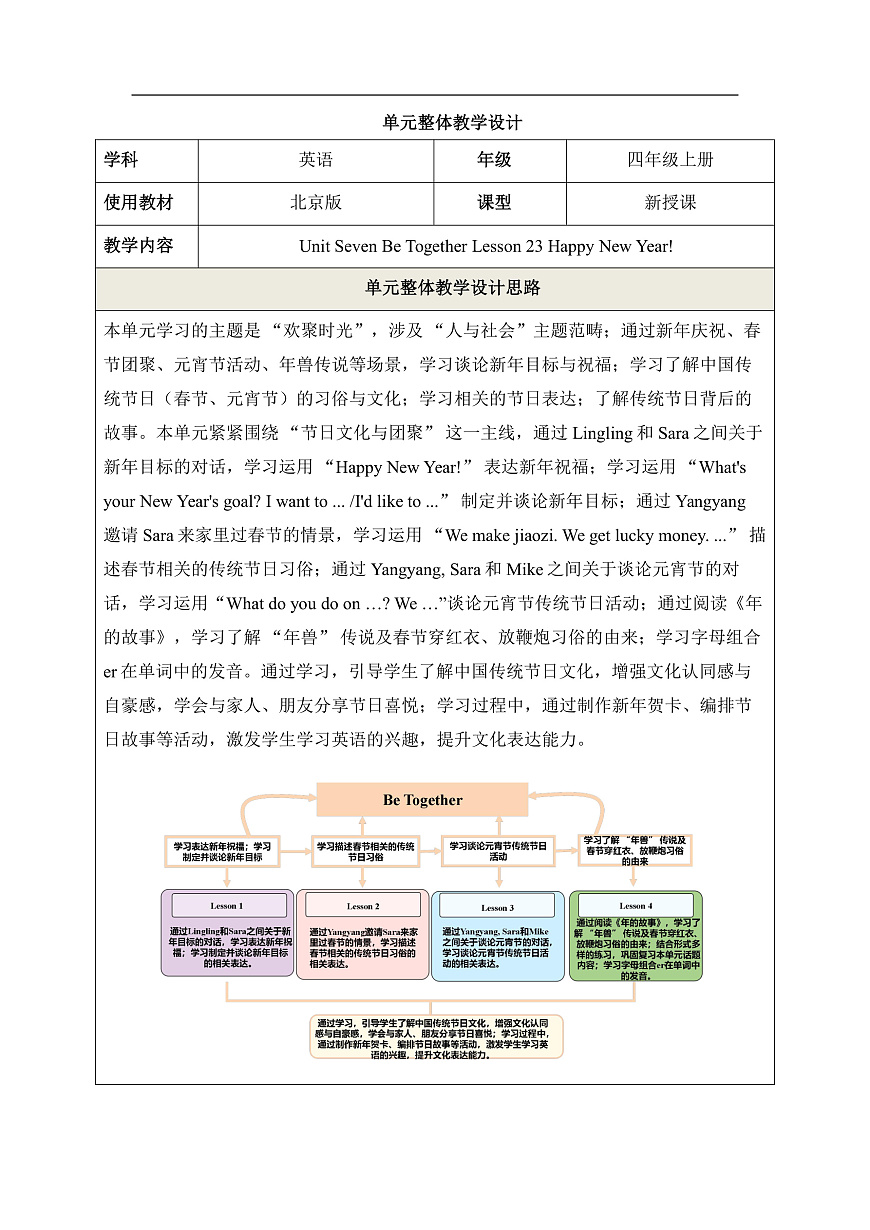【教学评一体化】Unit Seven Lesson 23 单元教学设计-北京版新四上 第1页