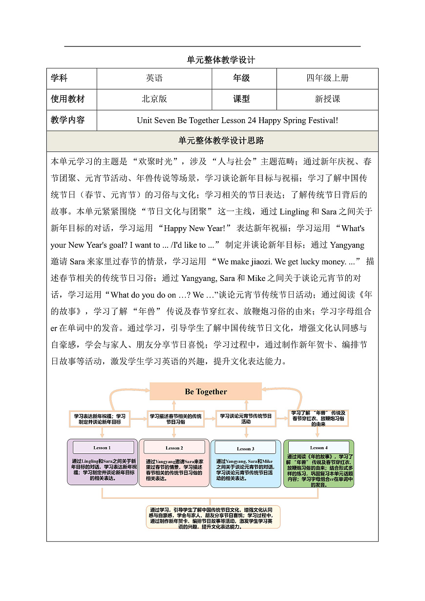 【教学评一体化】Unit Seven Lesson 24 单元教学设计-北京版新四上第1页