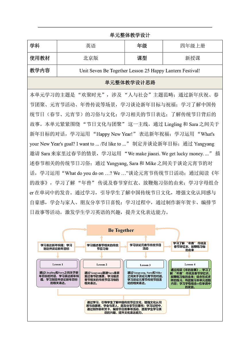 【教学评一体化】Unit Seven Lesson 25 单元教学设计-北京版新四上第1页