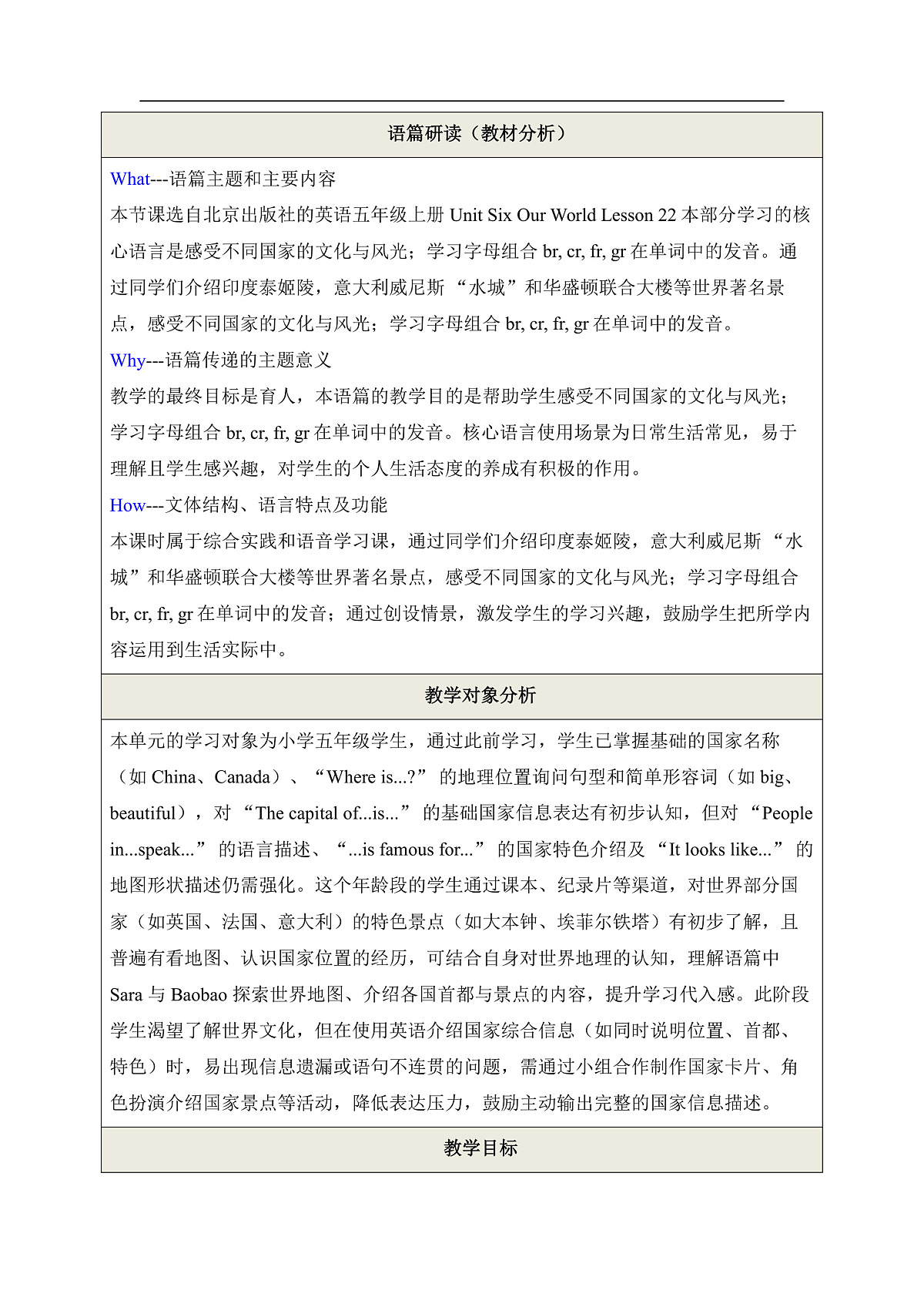 北京版五上 Unit Six Lesson 22单元教学设计第2页
