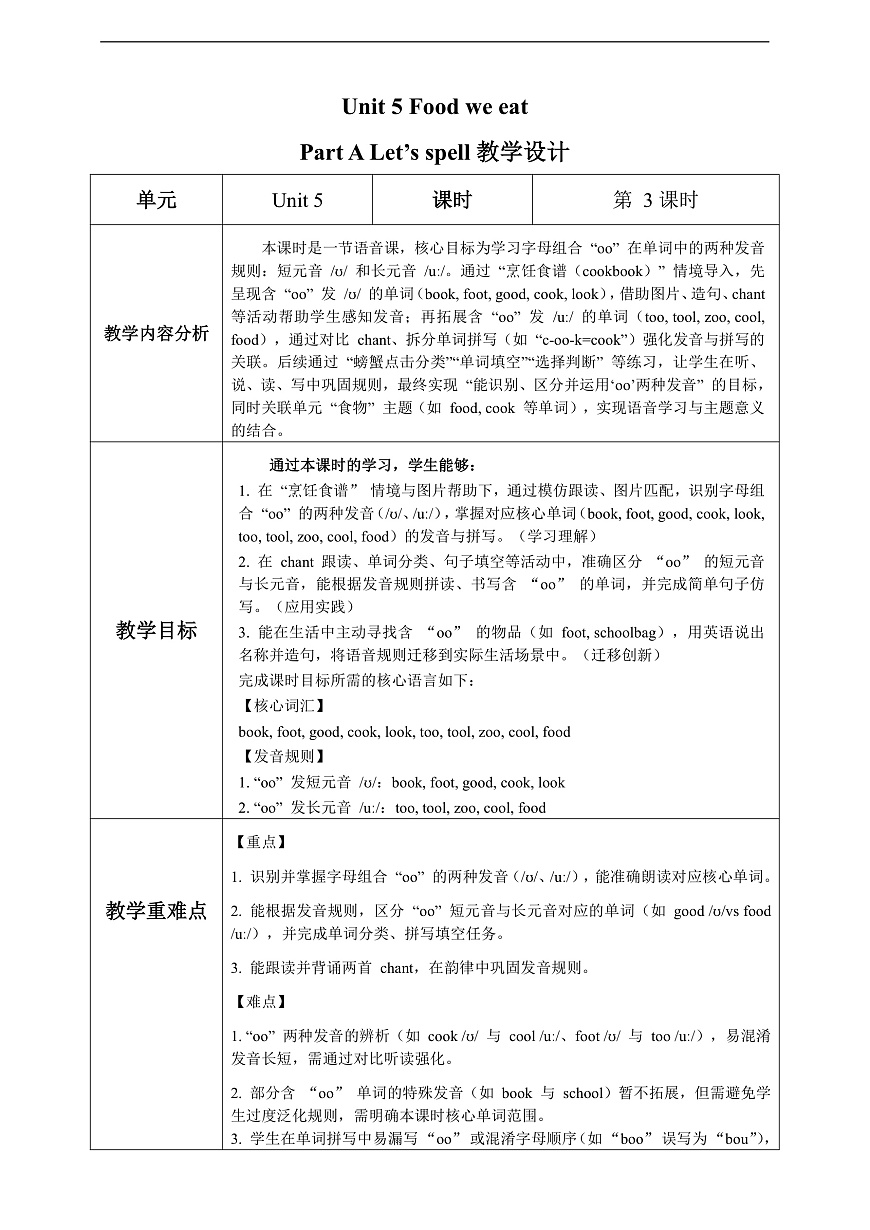 Unit 5 第3课时 Part A Let's spell (教学设计)英语人教PEP版五年级上册（新教材）第1页