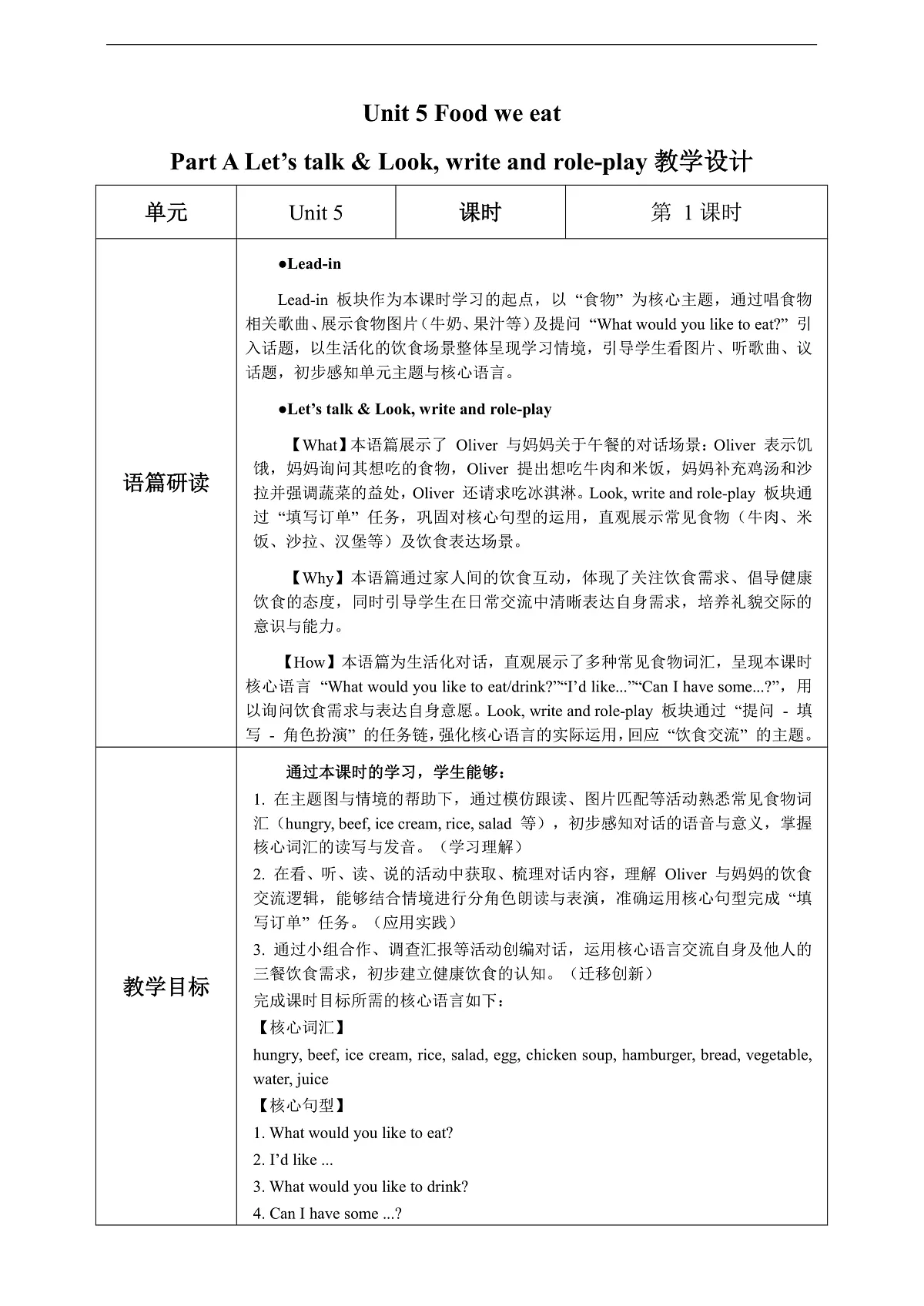 Unit 5 第1课时 Part A Let’s talk&Look,write and role-play(教学设计)英语人教PEP版五年级上册（新教材）第1页