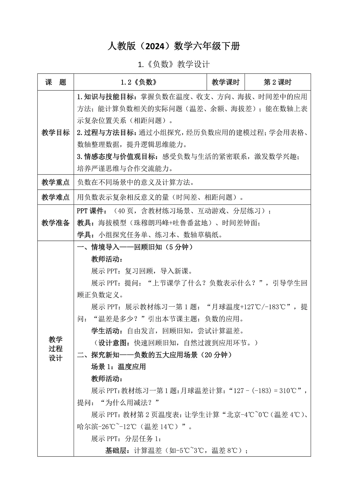 人教版（2024）数学六年级下册第1课《负数》第2课时+教学设计（表格式）+教学反思第1页