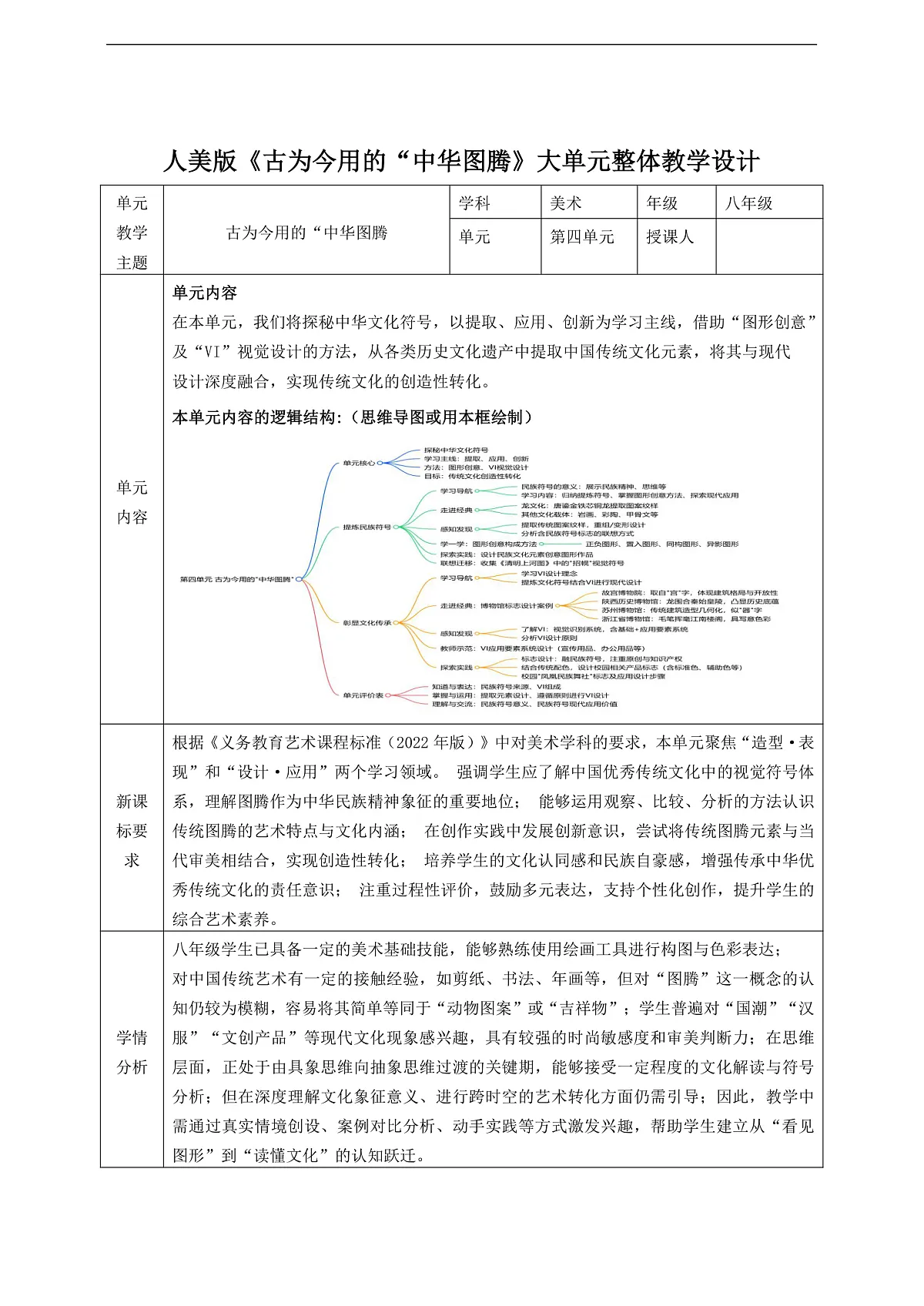 人美版八年级上册第四单元《古为今用的“中华图腾》大单元整体教学设计第1页