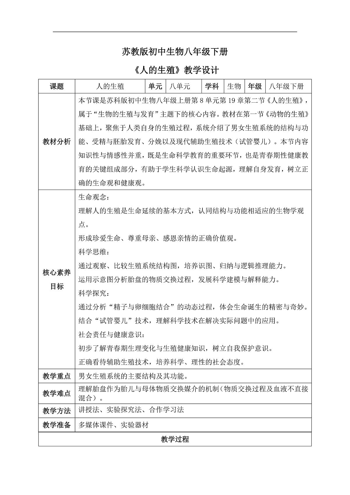 【核心素养目标】苏科版初中生物八年级下册8.19.2《人的生殖》教学设计第1页
