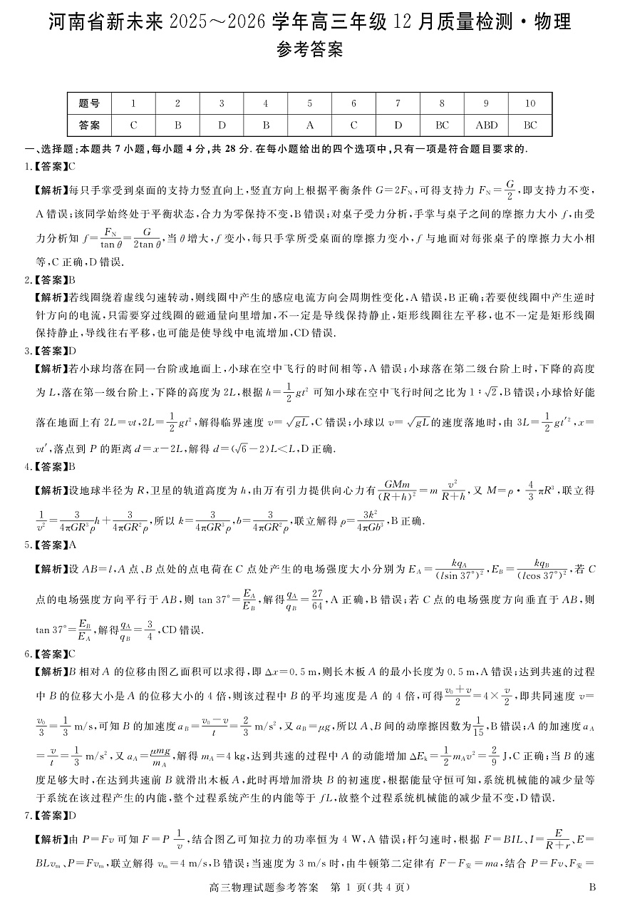 河南省新未来2025～2026学年高三年级12月质量检测物理答案第1页