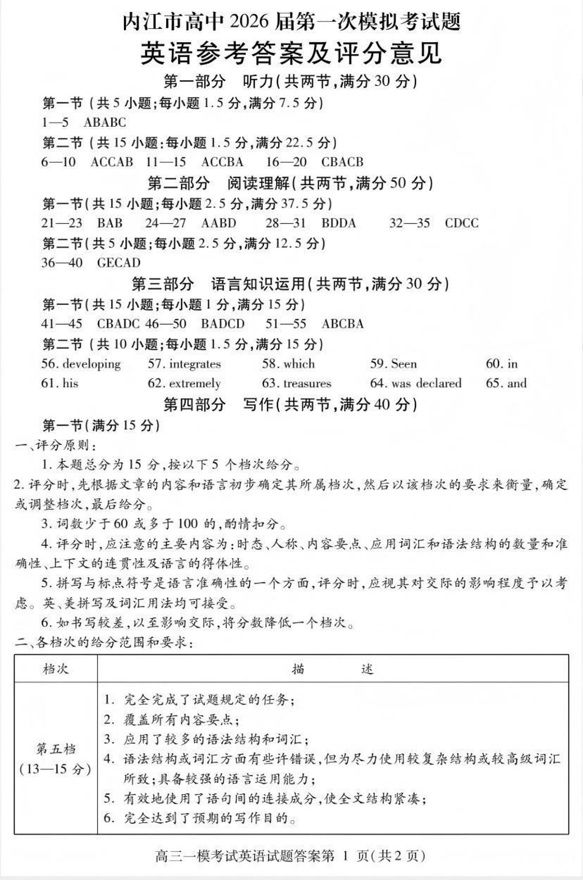 内江市高中2026届第一次模拟考试题英语答案第1页