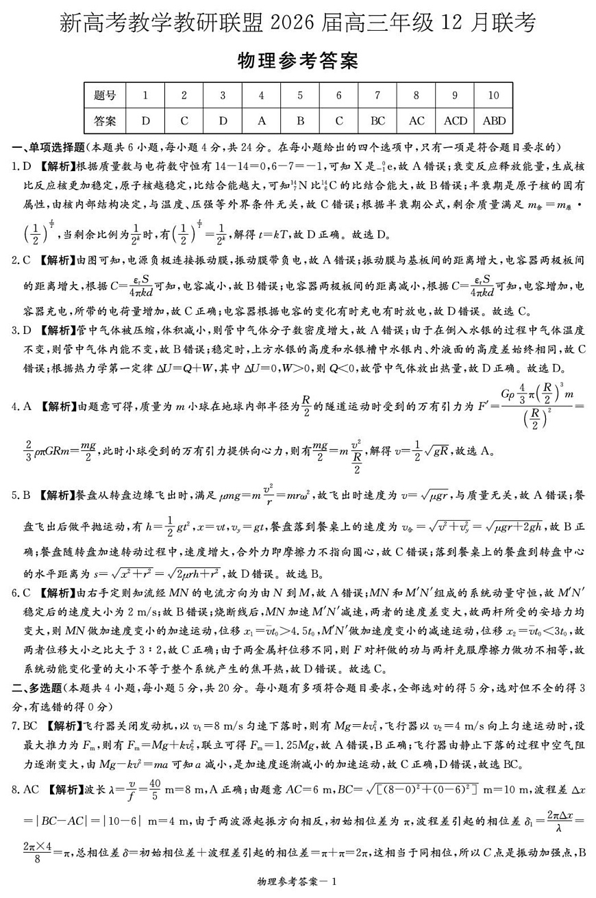 新高考教学教研联盟2026届高三年级12月联考-物理答案第1页