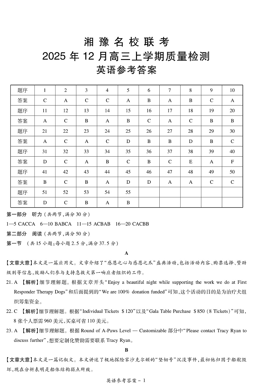 25.12湘豫联考高三英语参考答案第1页